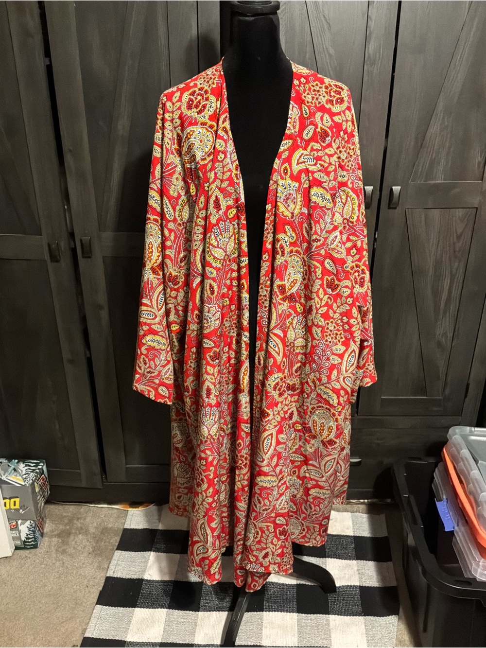 Roaman's Red Paisley Kimono-Style Lounge Robe